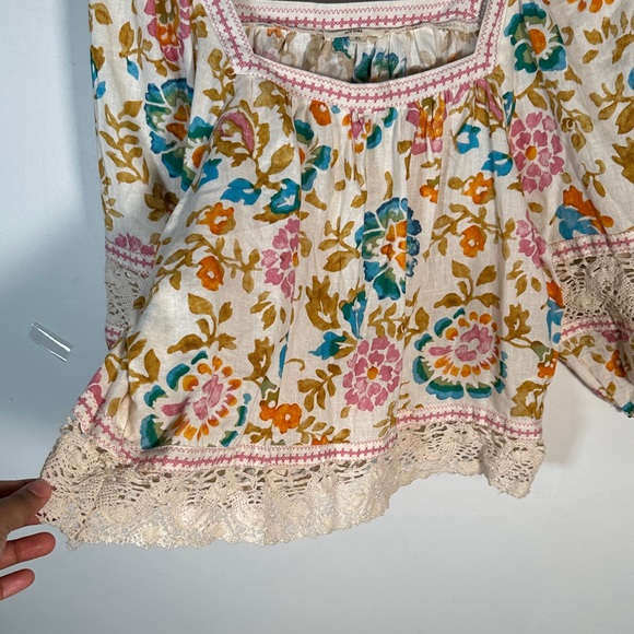 Christian Siriano Linen Boho Floral Peasant Blouse XL Embroidered & Puff Sleeves - Picture 4 of 8